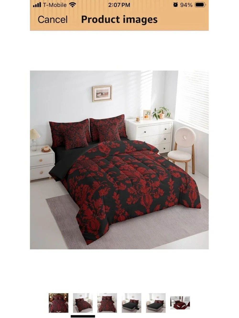 Gothic Vintage Black Red Damask 7-Piece King Comforter Set